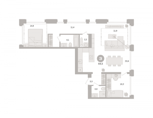 3-комнатная, квартира, 84.5 м²