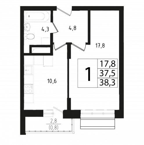 1-комнатная, квартира, 37.4 м²