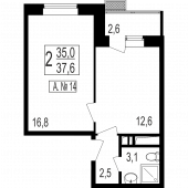 1-комнатная квартира 35 м²