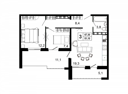3-комнатная, 64.8 м²