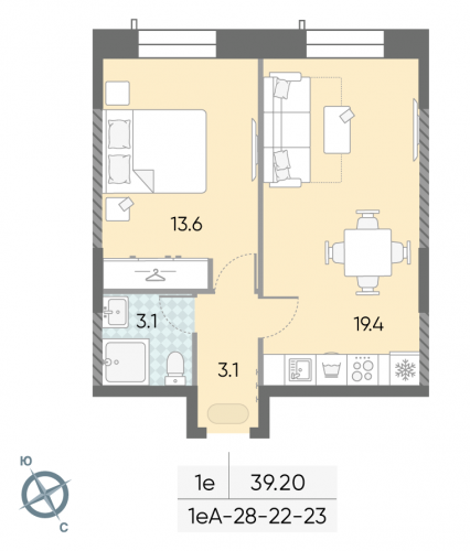 1-комнатная, 39.2 м²