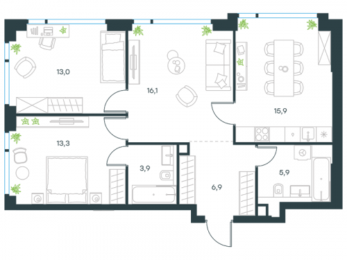 3-комнатная, квартира, 75 м²