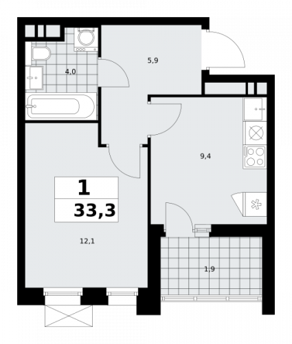1-комнатная, 33.3 м²