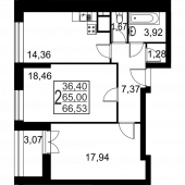 2-комнатная квартира 66,53 м²