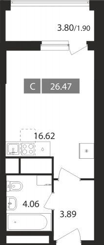 Студия, 26.47 м²
