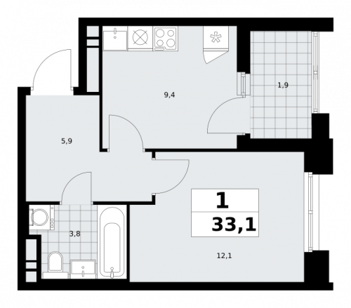 1-комнатная, 33.1 м²