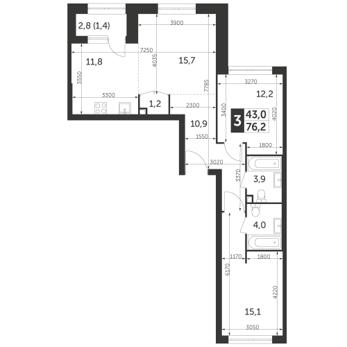 3-комнатная, квартира, 76.2 м²