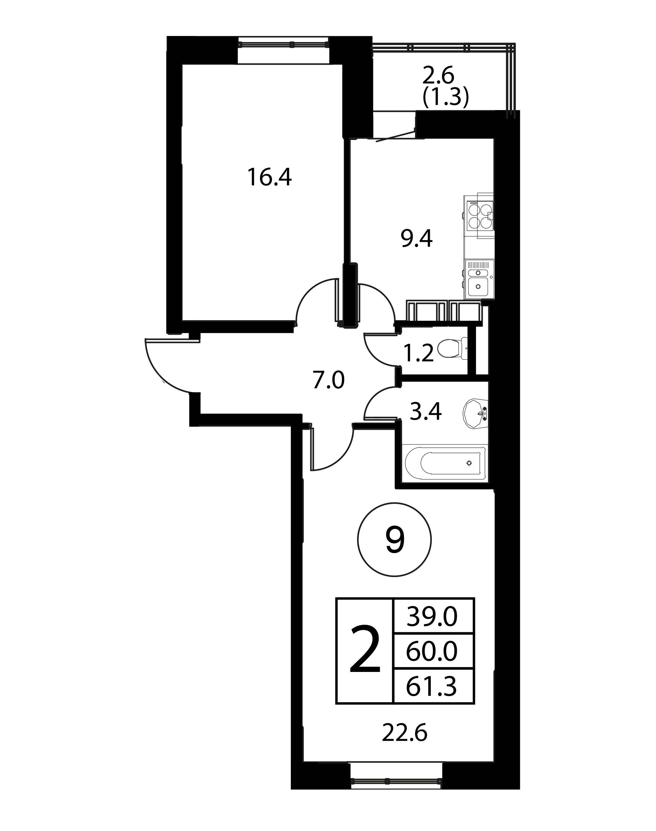 2-комнатная квартира №9, 61,3 м² за 8,74 млн руб. в ЖК «Космос» - планировка