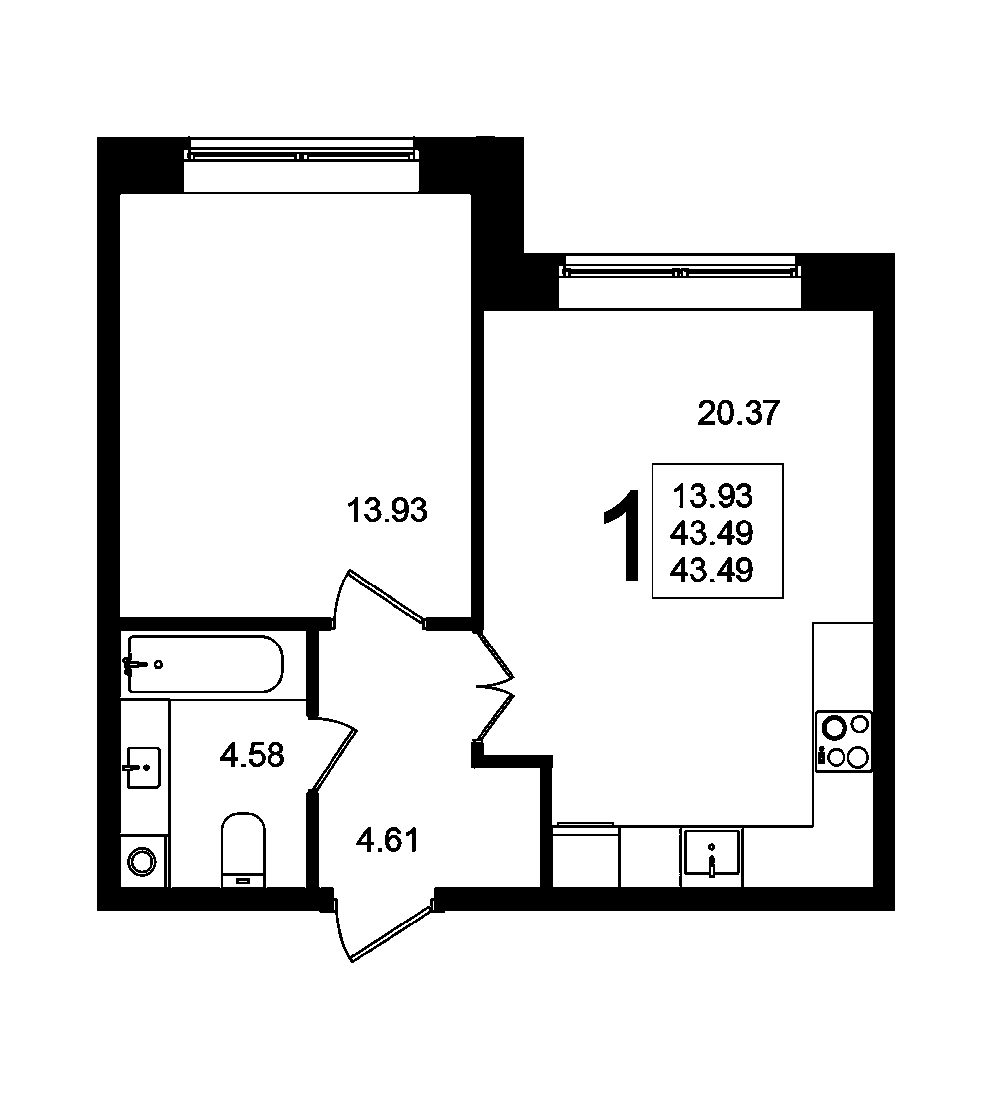1-комнатная, 43.49 м² 1