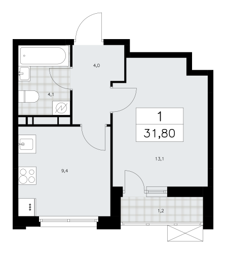1-комнатная, 31.8 м²