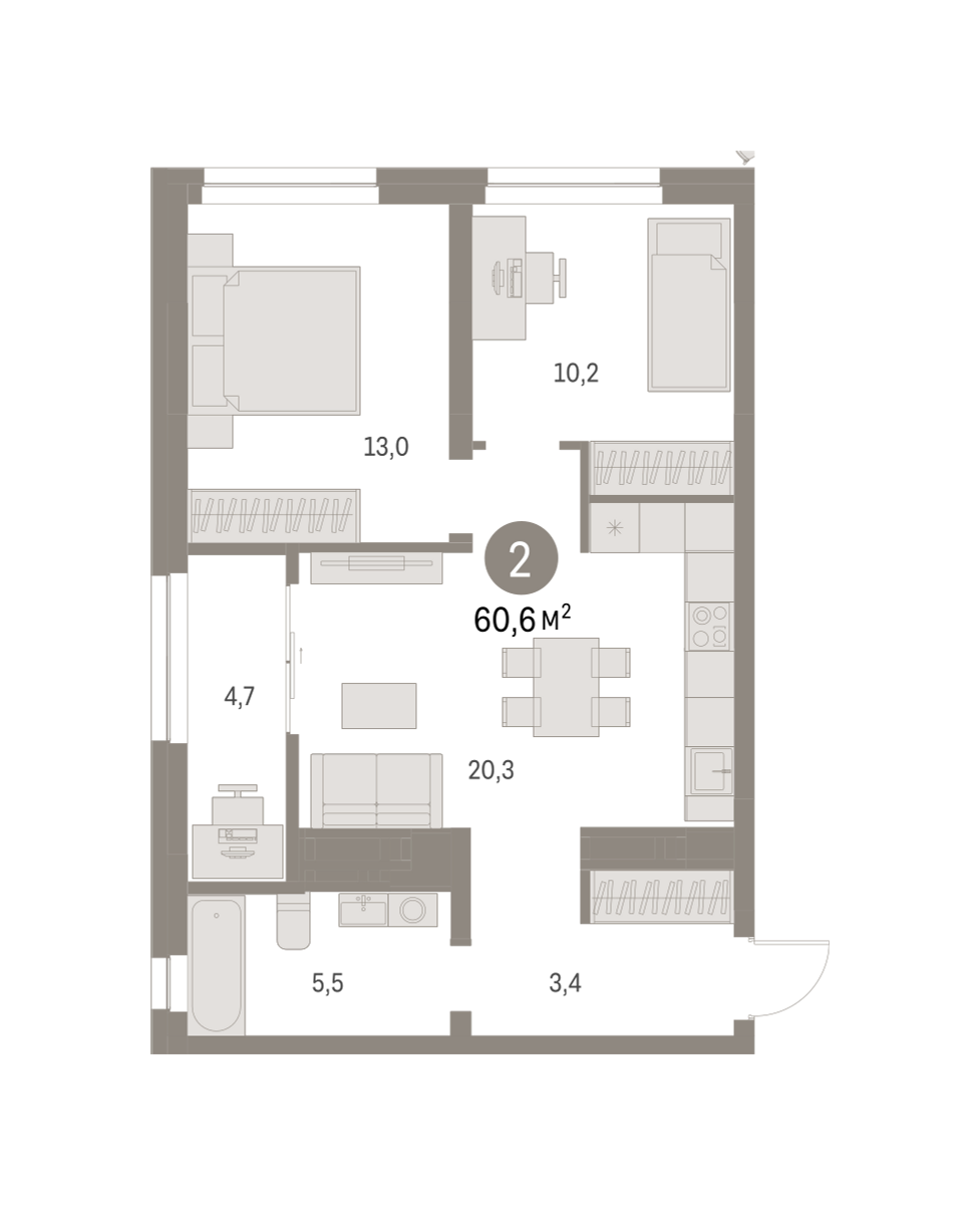 2-комнатная квартира №141, 60,6 м² за 12,02 млн руб. в ЖК «Первый квартал» - планировка