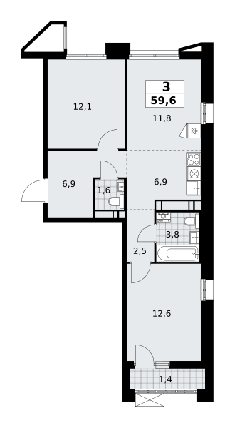 3-комнатная квартира №58К-7.1.2-348, 59,6 м² за 18,84 млн руб. в ЖК «Прокшино» - планировка
