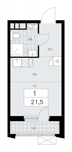 1-комнатная, 21.5 м²