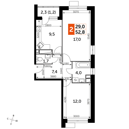 2-комнатная, 52.8 м²