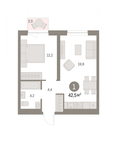 1-комнатная, 42.5 м²