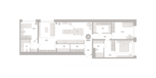 3-комнатная, квартира, 119.6 м²