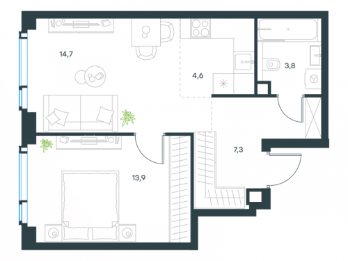 2-комнатная, 44.3 м²